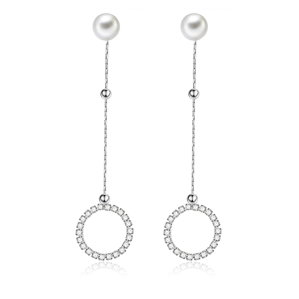 First Dance Pearl Drops Long Earrings With Circle CZ Stones